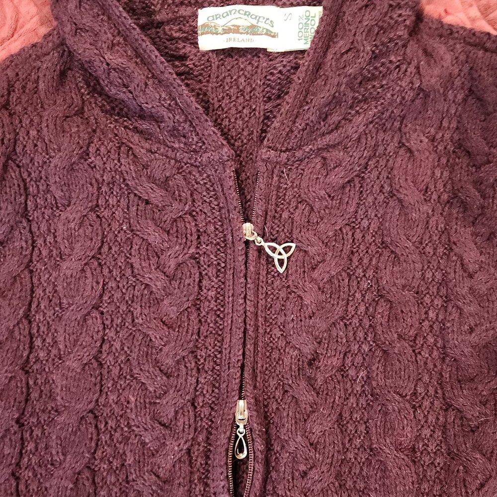 Hooded Cardigan Aran Crafts Wine Cable Knit Merino Wool 2way Zip Sweater S - Picture 5 of 11